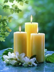 Wall Mural - Lit candles on a marble surface with a soft-focus background of green foliage and flowers.