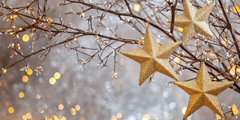 Wall Mural - Glittery Gold Stars on Winter Branches Festive Christmas Decor