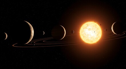 Wall Mural - a time-lapse style space scene with planets orbiting a bright, pulsating star
