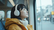 © pattozher - Lost in Thought: A pensive young woman gazes out the window of a train, lost in her own world as she listens to music on her headphones.