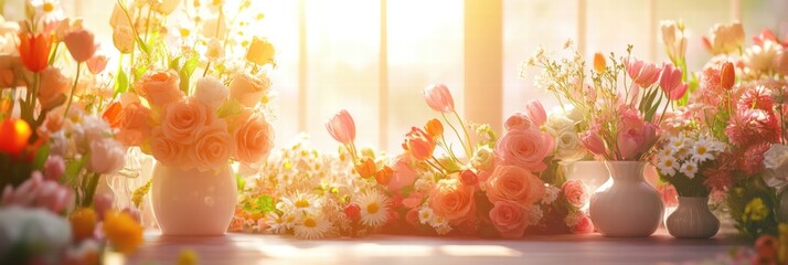 Leinwandbilder - Colorful bouquets of roses tulips and daisies arranged beautifully beside a window during golden hour. Generative AI