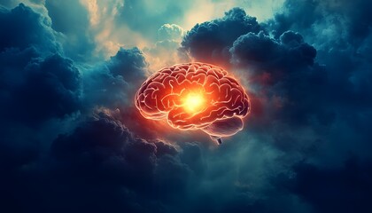 Aufkleber - Surreal Conceptual Illustration of a Glowing Human Brain Surrounded by Dark Stormy Clouds with a Bright Light Emanating from the Center Representing Intelligence and Creativity