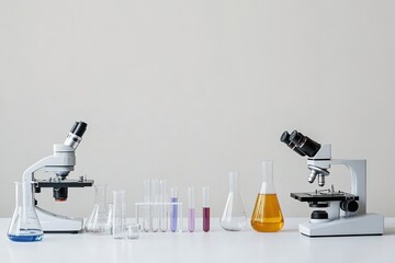 minimalistic photo of laboratory equipment such as test tubes beakers and microscope on clean white table