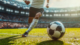 A dynamic image showcasing a soccer player in full sprint dribbling the ball on a lush green field with a blurred stadium crowd in the background capturing the intense action and energy of the game