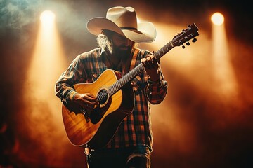 Wall Mural - country singer in wide-brimmed hat plaid shirt and boots holding acoustic guitar under warm stage lights