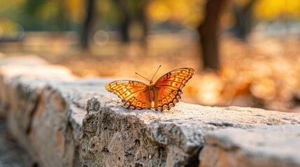 Wall Mural - Orange butterfly on a stone wall in autumn.