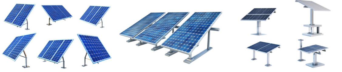 a range of solar panels at different angles, isolated on a clear background.