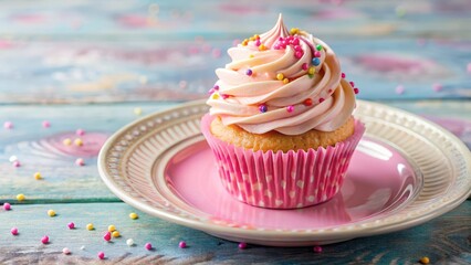 Wall Mural - A colorful pink birthday cupcake with fluffy white frosting and sprinkles on a decorative plate, sweet treat, pink birthday cupcake