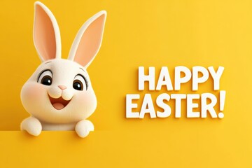 Wall Mural - A vibrant and joyful Easter Bunny is joyfully celebrating against a bright and cheerful yellow background, embodying the spirit of the season and spreading happiness to everyone it meets