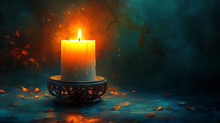 Wall Mural - Glowing candle on ornate holder with autumn leaves and smoke.