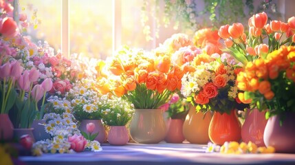 Poster - Colorful display of roses, tulips, and daisies in vibrant vases under warm sunlight in a cozy setting. Generative AI