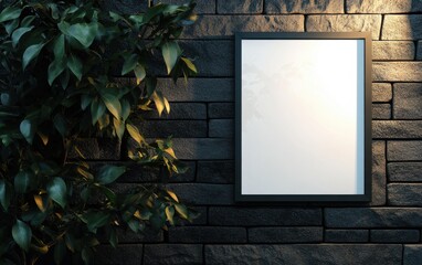 Wall Mural - A photo of a white poster frame mounted on an outdoor brick wall, highlighted by black lighting. ฃ