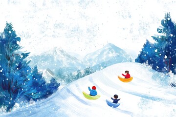 Poster - Joyful winter day with children sledding in a snowy landscape surrounded by mountains and pine trees. Generative AI