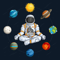 Wall Mural - hand drawn astronaut wearing space suit doing yoga meditation surrounded by solar system planets