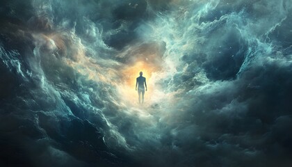Aufkleber - Ethereal Figure Standing in Cosmic Clouds Surrounded by Stars and Light Representing Mystery, Depth, and the Boundlessness of Human Existence in the Universe