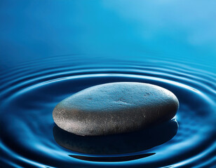 Wall Mural - A smooth grey stone creates perfect concentric ripples on a tranquil blue water surface.