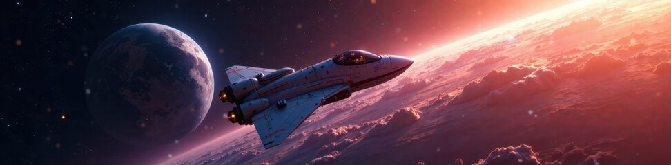 Wall Mural - Advanced spacecraft in orbit, celestial bodies in backdrop , high tech, ship