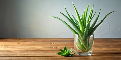 Wall Mural - A single, plump aloe vera plant in a modern glass vase on a wooden table, with a few loose leaves scattered around it