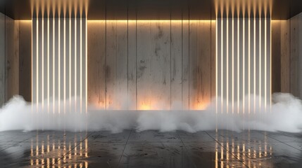 Poster - Modern minimalist concrete room with neon lights and fog.