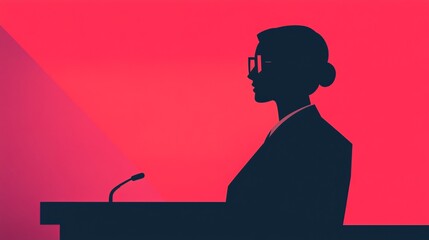 A silhouette of a woman in glasses stands at a podium against a vibrant red background, symbolizing authority and public speaking.