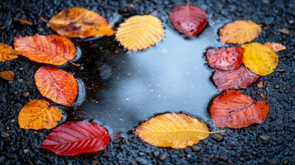 Poster - A colorful array of fallen leaves surrounds a small puddle, reflecting the vibrant hues of autumn in a fleeting moment of beauty.