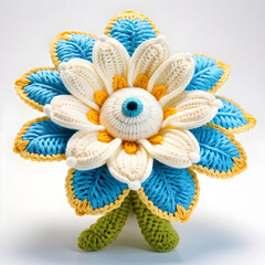 Wall Mural - A knitted soft toy in the form of a beautiful blooming flower, made of woolen threads in blue and white tones with yellow inserts. White background.