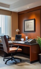 Wall Mural - Elegant office space with desk, chair, and window.