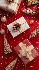 Wall Mural - festive christmas gifts wrapped in elegant paper with pinecone decorations and glitter ornaments on 