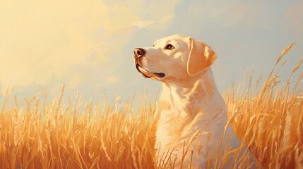 Wall Mural - Golden Retriever in a Wheat Field Under a Sunny Sky