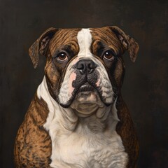 Canvas Print - Detailed Portrait of a Brown and White Bulldog Against Dark Background