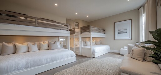 Modern bedroom with multiple bunk beds, plush bedding, and a neutral color palette.