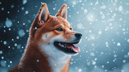 Wall Mural - Shiba Inu Dog in Snowy Landscape with Soft Winter Light