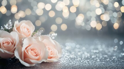 Poster - delicate pink roses with silver bokeh background creating a romantic and elegant atmosphere for love