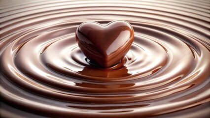 Wall Mural - Heart shaped chocolate rising from chocolate ripples on a white background with blurred edges and soft focus effect created by pouring hot melted chocolate, melting chocolate, sweet treat