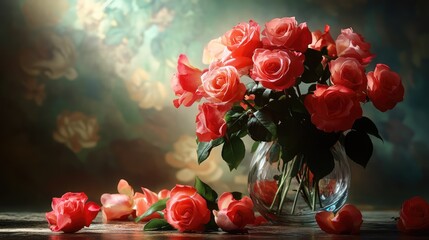 Poster - beautiful pink roses arranged elegantly in a glass vase with soft focus floral background adding a t