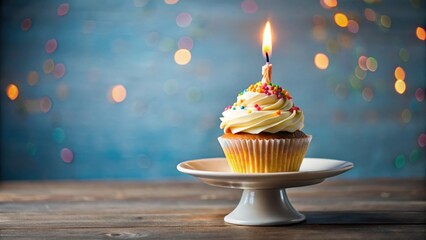 Wall Mural - A single candle standing upright on a decorated cupcake with colorful frosting and sprinkles, surrounded by a plate or stand, emitting warm light , festive, decoration