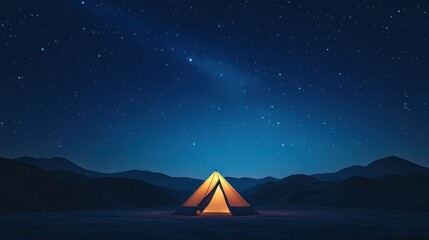 Poster - Campers relax under a starry night sky with a glowing tent in a peaceful wilderness setting. Generative AI