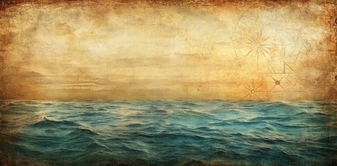 aged map depicts ocean waves and distant shores