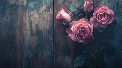 Poster - pink roses on a rustic wooden background creating a romantic and elegant floral arrangement for deco