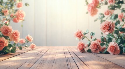 Poster - vintage style roses on wooden floor with ethereal light effect creating a serene floral ambiance per
