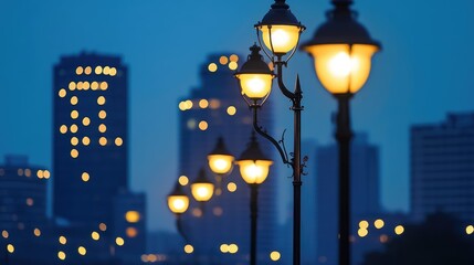 Poster - illuminated street lamps lined up against the backdrop of modern highrise buildings at dusk creating