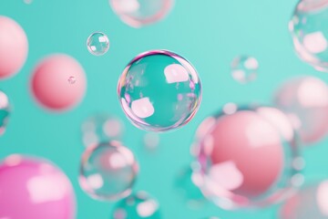 Wall Mural - Colorful Floating Bubbles on a Bright Turquoise Background