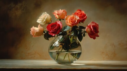 Poster - vibrant roses in a clear vase filled with water beautifully arranged on a rustic wooden surface agai