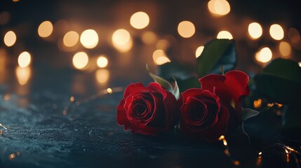 Poster - romantic red roses on a softly blurred bokeh background with warm light accents elegant floral compo