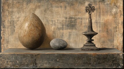 Wall Mural - artistic still life composition with rounded metal finial stone and textured background