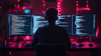 Young Coder Working Late On Triple Monitors