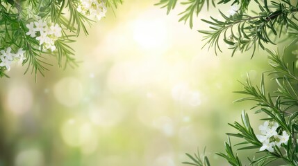 Wall Mural - rosemary flowers with green leaves against a soft natural background featuring gentle light bokeh ef