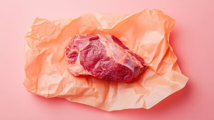 Wall Mural - Raw meat wrapped in peach colored paper on a pink background showcasing freshness and preservation techniques in food presentation