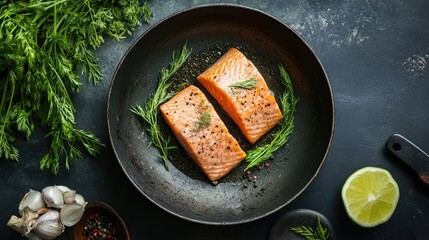 Poster - Fresh salmon fillets seasoned and cooking in a skillet with herbs and spices on a dark countertop garnished with vegetables and garlic.