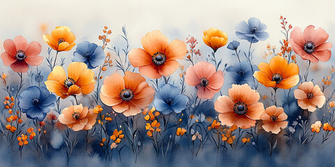 Wall Mural - watercolor illustration depicting colorful flowers painting on canvas